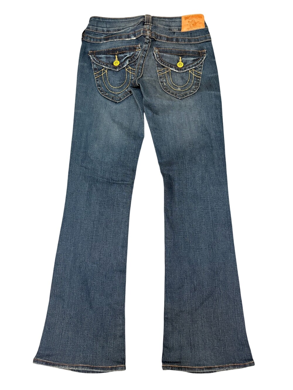 True Religion Jeans Womens 27 Blue Bootcut Low Rise Distressed USA Medium Wash